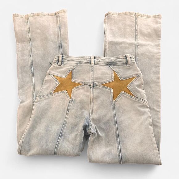 Free People firecracker Light Blue Flare Jeans with mustard yellow Star - Picture 4 of 8